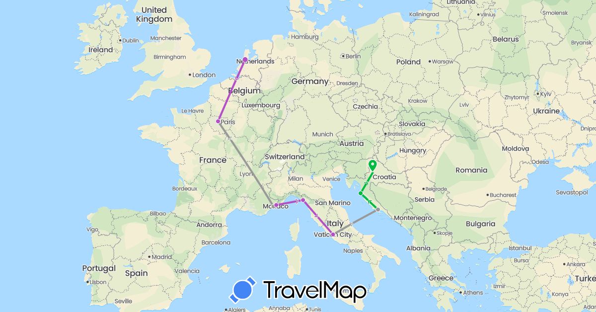 TravelMap itinerary: bus, plane, train in France, Croatia, Italy, Netherlands (Europe)